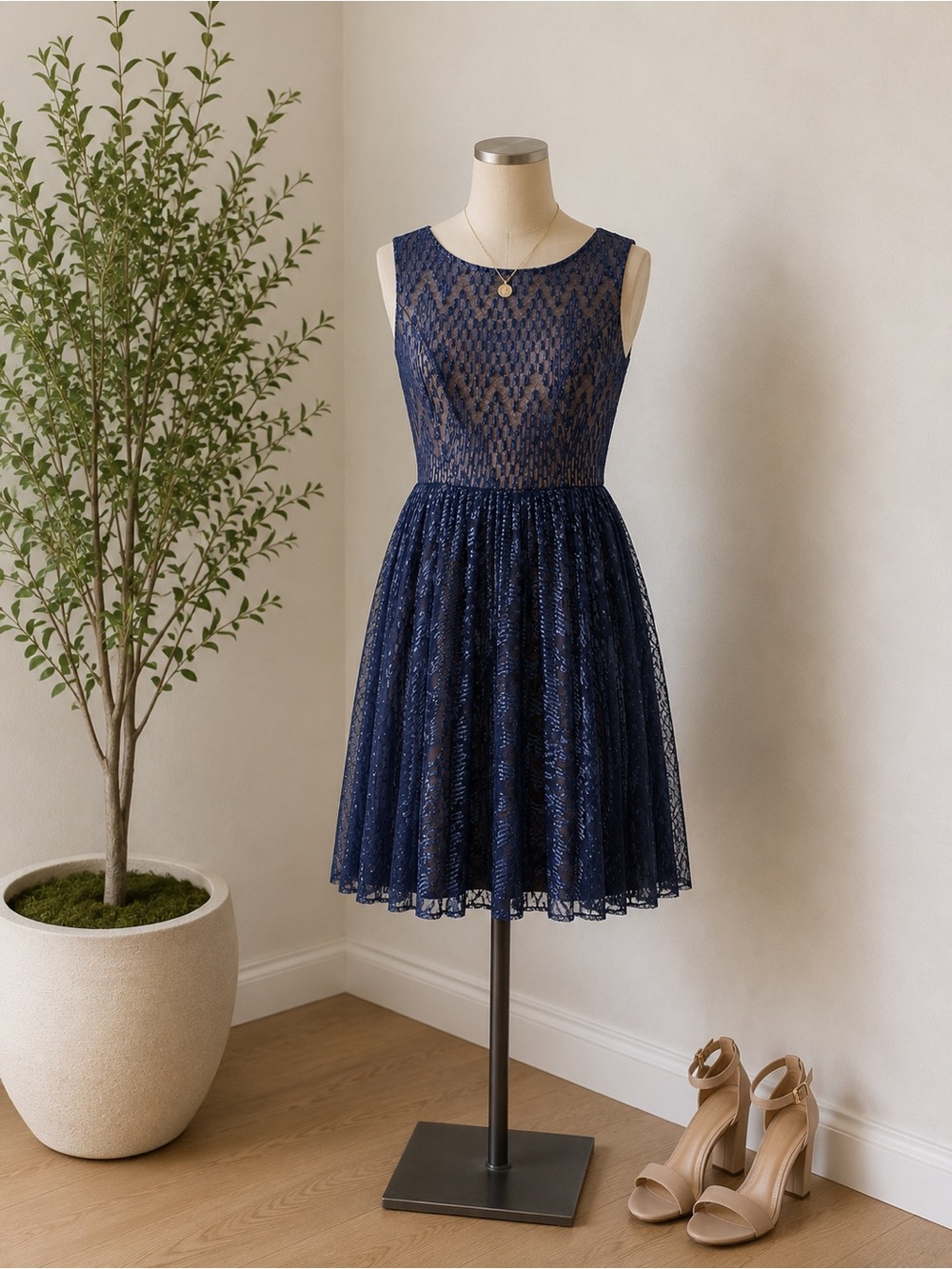 Adrianna Papell Navy Lace Sleeveless Midi Dress